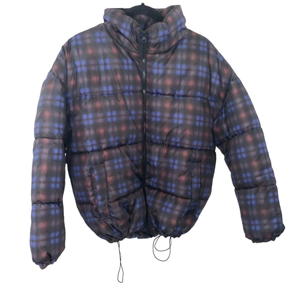 BP Oversize Puffer Coat Black Plaid Print Size M